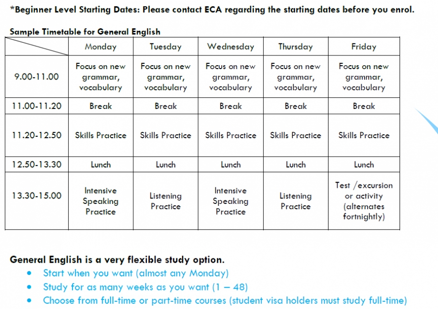 [어학연수] 호주 애들레이드(Adelaide) ECA 어학원 시간표 정보
